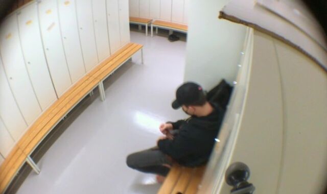 Supah-Kinky stud tugging off in the locker guest room