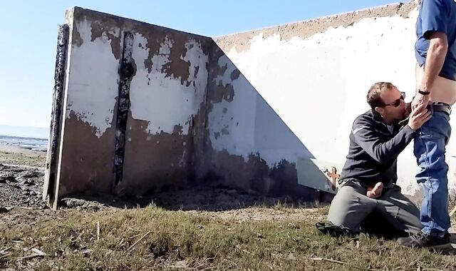 cruising silver daddy meets fellow on the beach outdoor blowjob