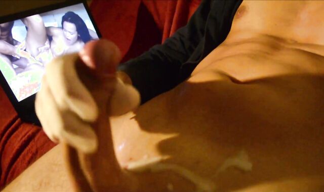 Crimson-Steamy Stud Masturbation while seeing three way porn