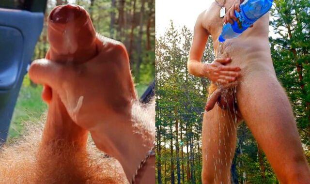 РУССКИЙ парень дрочит хуй В МАШИНЕ в лесу