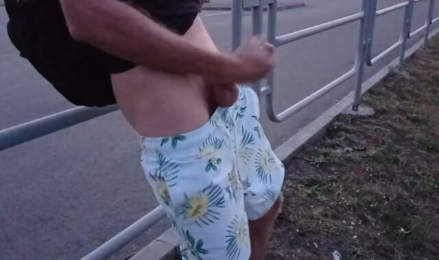 killer jacking off a pecker on the embankment of the plant. EXTREME