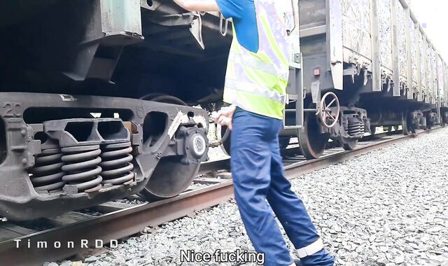 Railroad worker jacks and jizzes in a found love glove