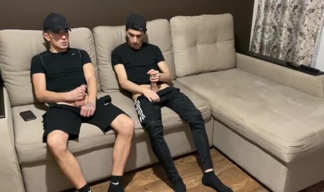 Queer-For-Pay jerk off with twunk fag acquaintance in sportswear (blowjob enjoyment and jizz in mouth)