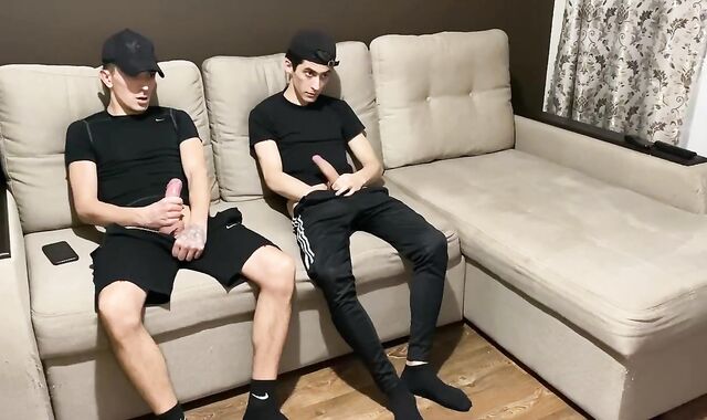 Queer-For-Pay jerk off with twunk fag acquaintance in sportswear (blowjob enjoyment and jizz in mouth)