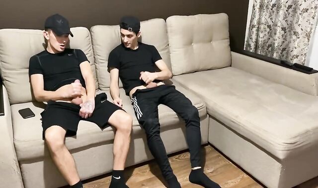 Queer-For-Pay jerk off with twunk fag acquaintance in sportswear (blowjob enjoyment and jizz in mouth)