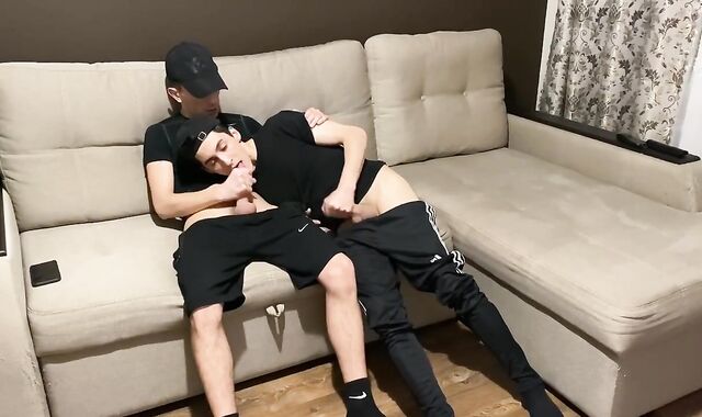 Queer-For-Pay jerk off with twunk fag acquaintance in sportswear (blowjob enjoyment and jizz in mouth)