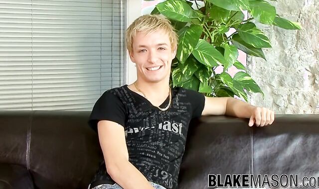 Sensual blondie UK twink opening up boner while interviewed