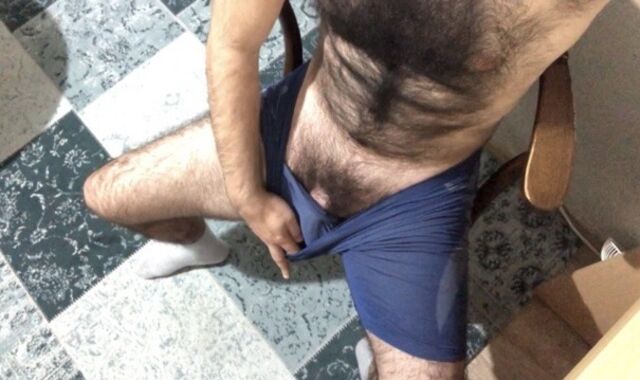 Long hairy men getting off and jizm on table