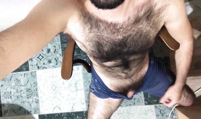 Long hairy men getting off and jizm on table