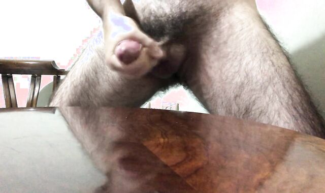 Long hairy men getting off and jizm on table