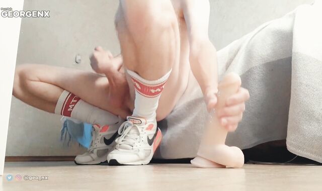 Man in Sneakers Taking Faux Meatpipe and Nutting