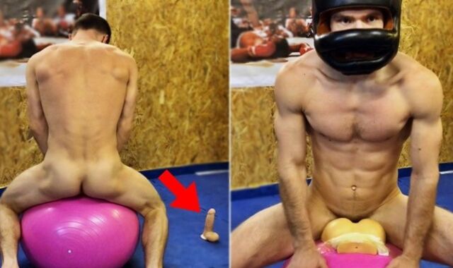 En muskuløs bryder i strømpebukser Romps en stor bold og ender med lækre dele af sæd