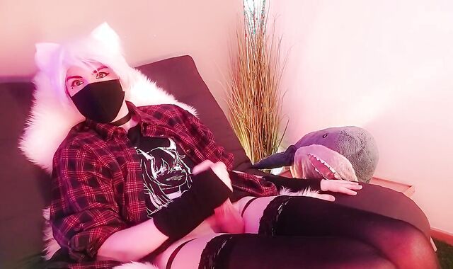 Blåhaj Watching Ultra-Cute Femboy Have Joy With His Cock