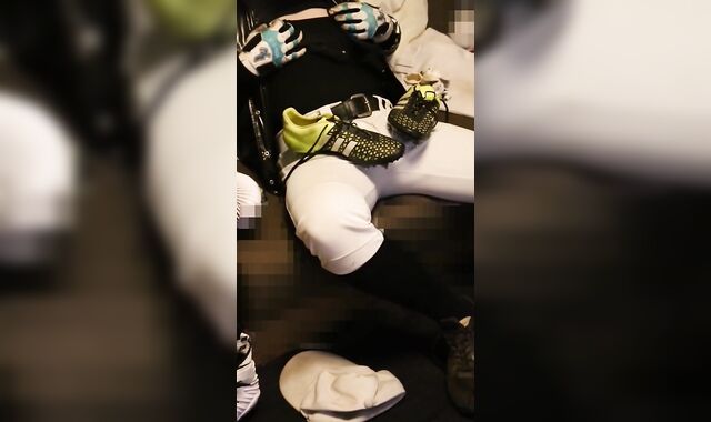 A baseball player with a nipple morro experiencing socks masturbates with supreme-sized football spikes