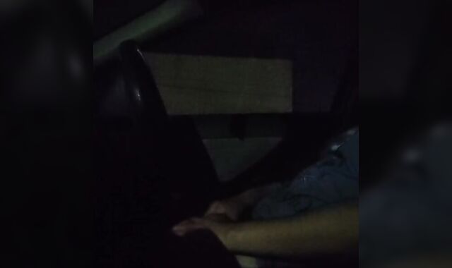 Truck jacking and jizzing with the door open