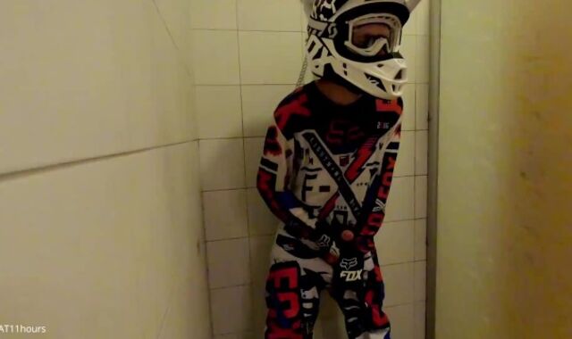 college-aged years Senior man take a bathroom in MX gear and jack off