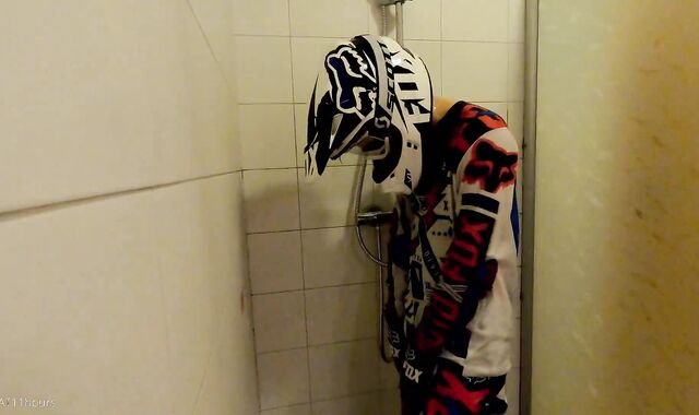 college-aged years Senior man take a bathroom in MX gear and jack off