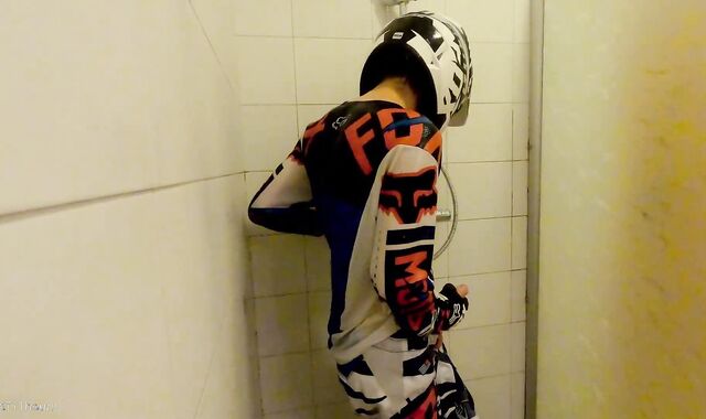 college-aged years Senior man take a bathroom in MX gear and jack off