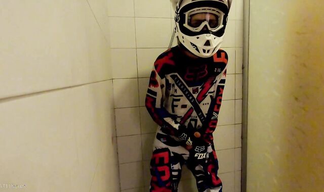 college-aged years Senior man take a bathroom in MX gear and jack off