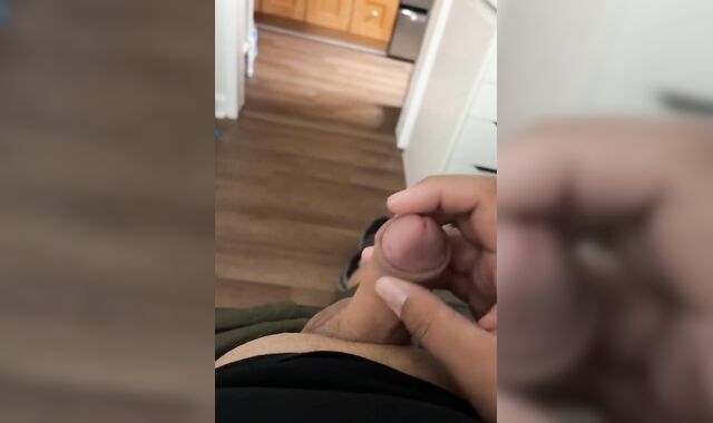 Chub wanks pink cigar on brink of sofa and shoots a explosion on belly