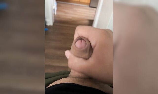 Chub wanks pink cigar on brink of sofa and shoots a explosion on belly