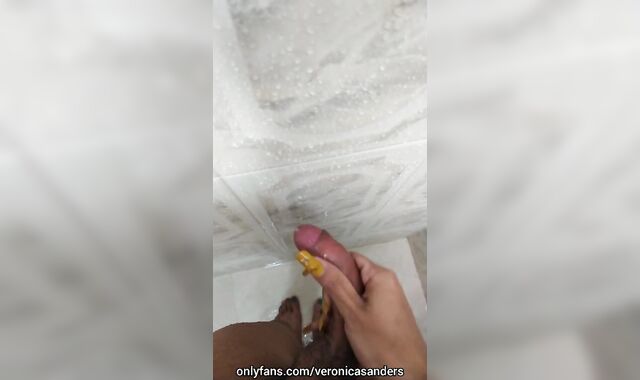 Femboy in da douche draining off curved fellow man sausage