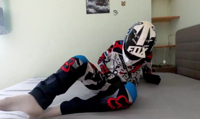 Ash-Ash-Blonde Nubile fellow jerk off in Fox MX gear in spunk on helmet