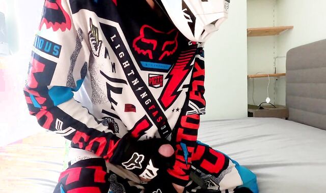 Ash-Ash-Blonde Nubile fellow jerk off in Fox MX gear in spunk on helmet