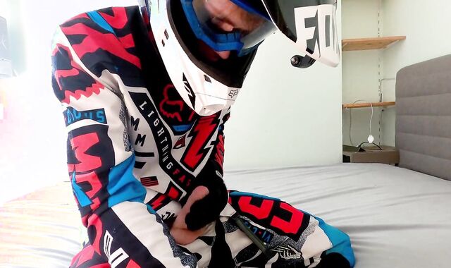 Ash-Ash-Blonde Nubile fellow jerk off in Fox MX gear in spunk on helmet