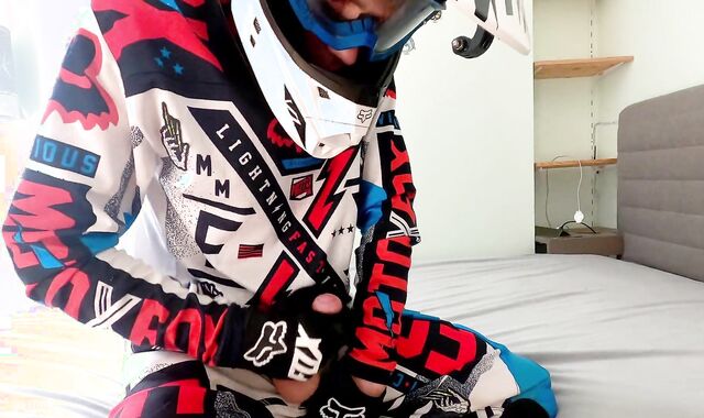 Ash-Ash-Blonde Nubile fellow jerk off in Fox MX gear in spunk on helmet