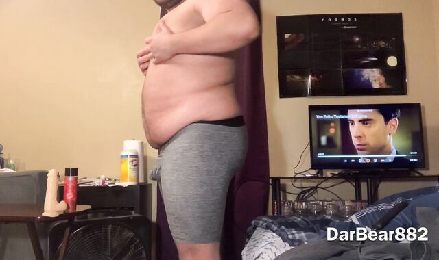 Plump fellow showing off his humungous tummy then has a jerkoff session