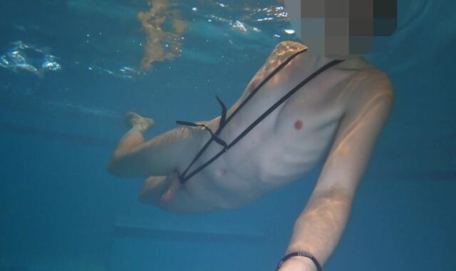 Nude swim and jizz with metal cockring and ass-plug