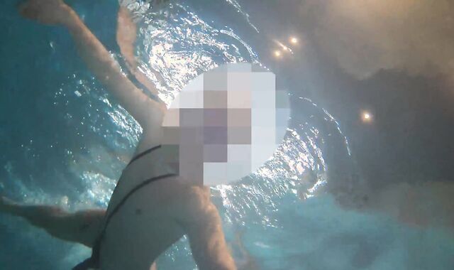 Nude swim and jizz with metal cockring and ass-plug