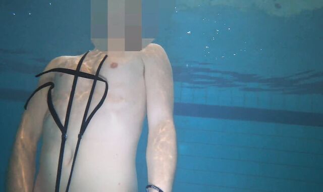 Nude swim and jizz with metal cockring and ass-plug