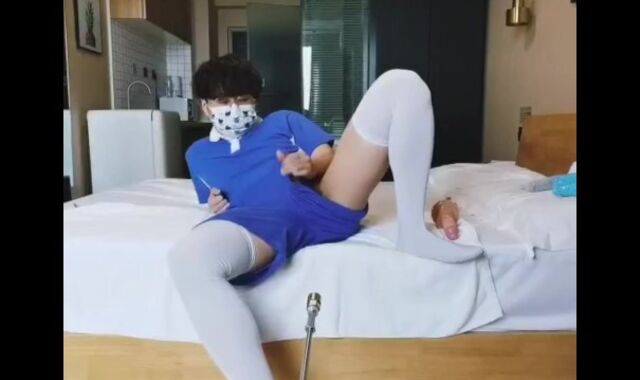 Ultra-Cutie in school uniform and white stocking has fucky-fucky with a machine