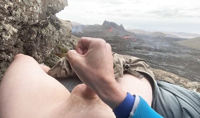 DOUBLE ERUPTION!! Tugging off while watching a volcano in Iceland pour out