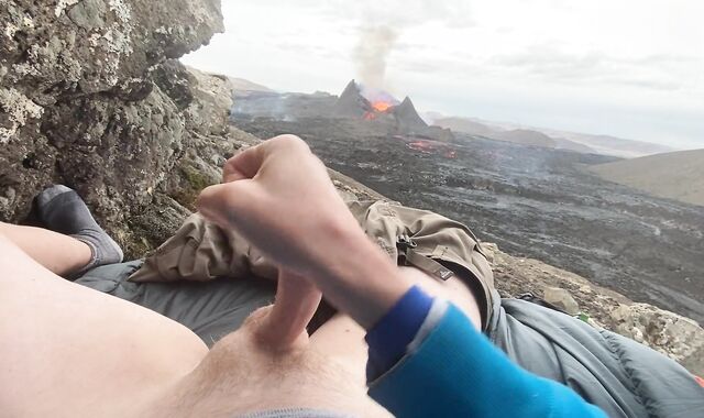 DOUBLE ERUPTION!! Tugging off while watching a volcano in Iceland pour out