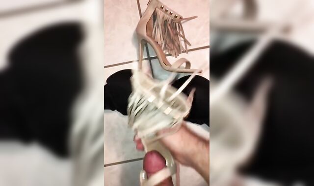 Girlfriends Steve Madden high-heeled slippers and 34D boulder-holder ripped up & cummed.