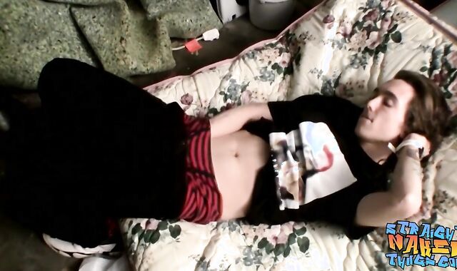 Lusty youthful queer grasps his huge meatpipe and jerks off