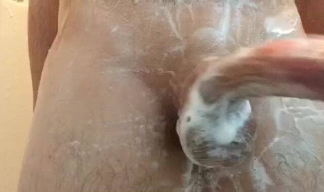 Ample white penis drained in shower