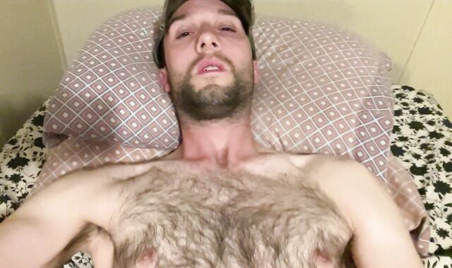 Furry bear close-up nutting on himself