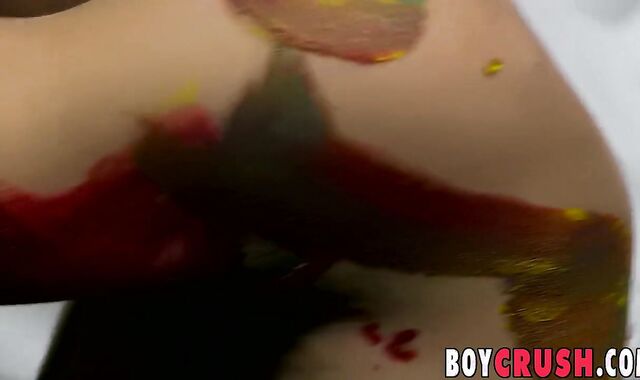 Youthfull artists paint each other in jism with their stiff-ons