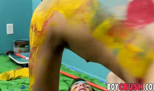 Youthfull artists paint each other in jism with their stiff-ons