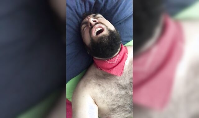 Meaty bearded and wool frosted wolf stroking kneading the bed sheet on his rock-rock-hard and moist stiff-on. Killer Anguish