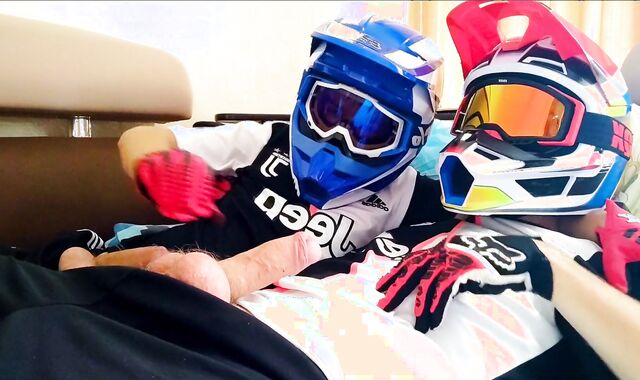 two fellows in helmets jack off and jizz