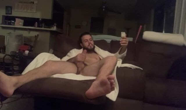 Dad finally Faps Off after strained day; smokes and jerks prick in his robe