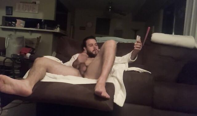 Dad finally Faps Off after strained day; smokes and jerks prick in his robe