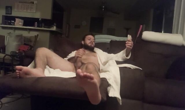 Dad finally Faps Off after strained day; smokes and jerks prick in his robe