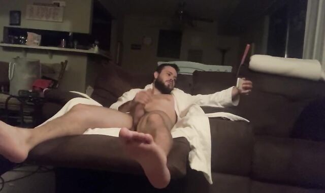 Dad finally Faps Off after strained day; smokes and jerks prick in his robe