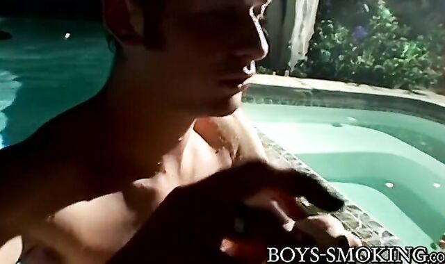 Trio-Way with hard-on liking twink smokers at a intimate pool